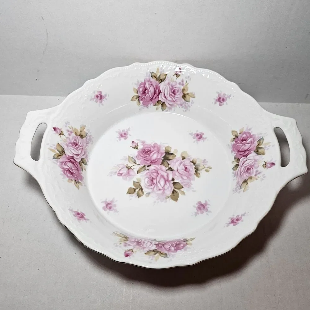 VTG Andrea by Sadek Round Serving Bowl Pattern 8118 Pink Roses Gold Trim Handles